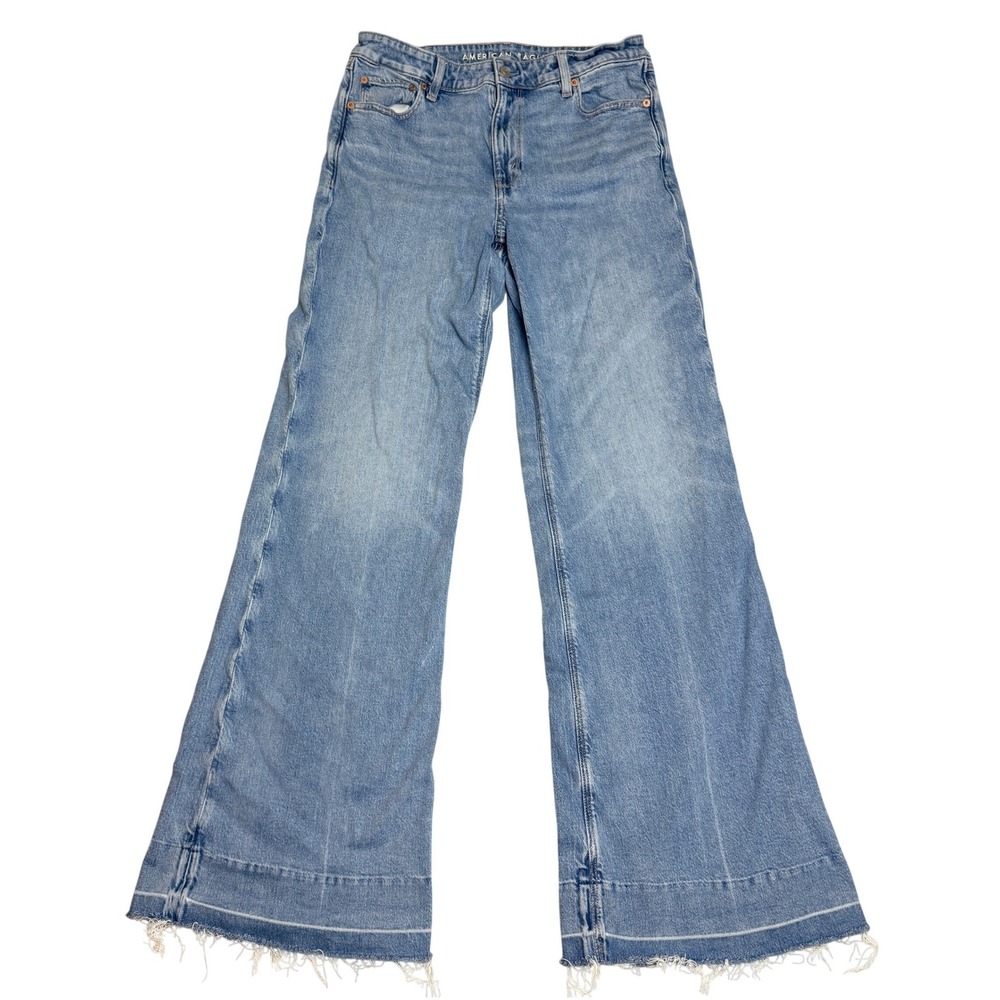 American Eagle High Rise Flare Jeans Womens 10 X-Long Blue Raw Hem Stretch Boho